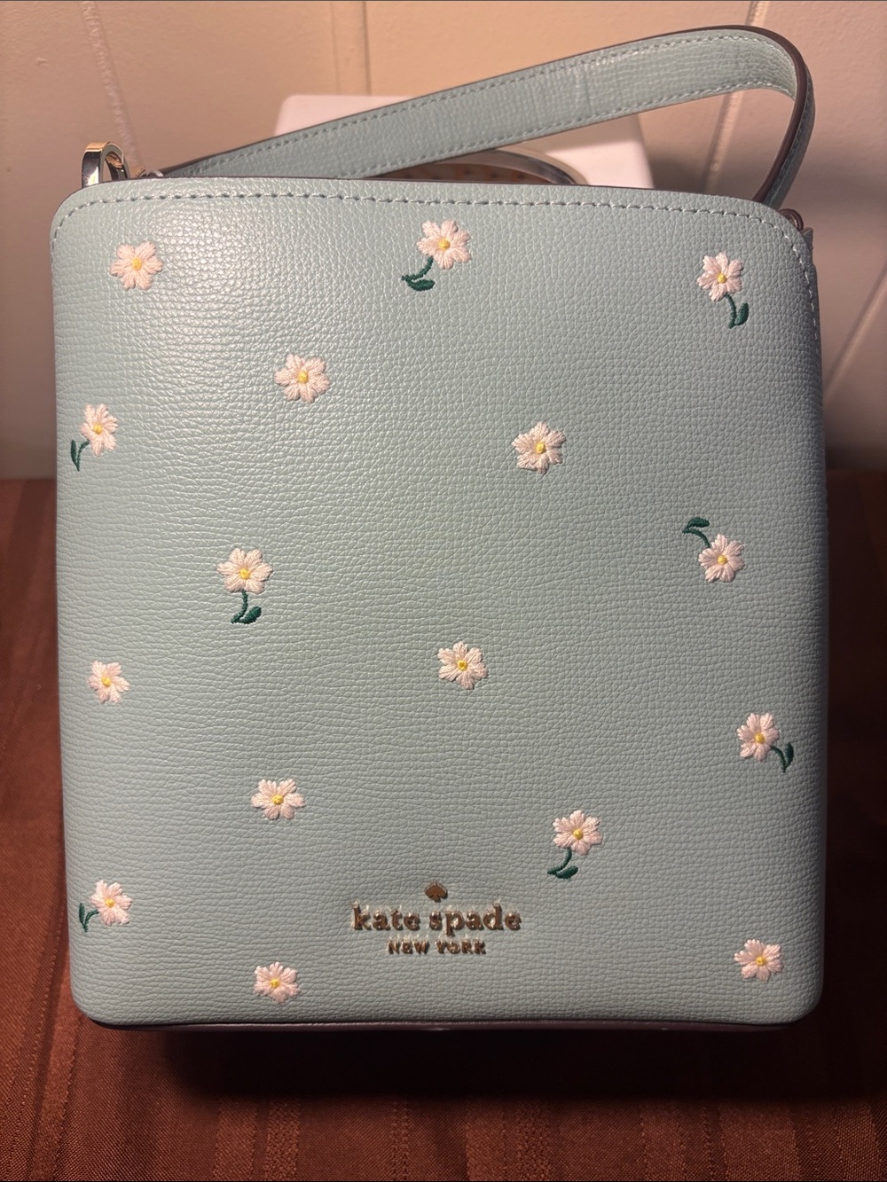 NWOT Kate Spade Darcy Daisy Embroidered Small Bucket Bag - Mint Blue/Green